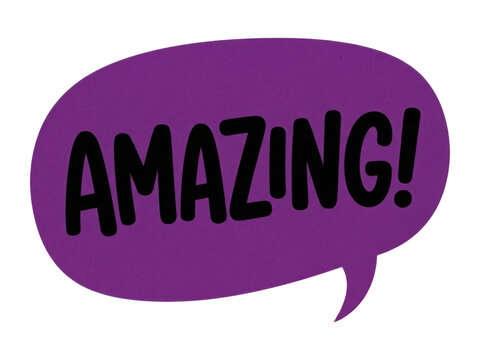 Amazing speech bubble with black text and exclamation mark, handwritten style font on purple background for concepts.