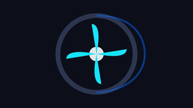 Minimalist rotating fan animation: blue propeller motion on dark 4k background, rotation