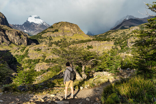 Rear view of a Man walking along the Cerro Torre Laguna trail in the Andes, Los Glaciares National Park, Patagonia, Santa Cruz, Argentina