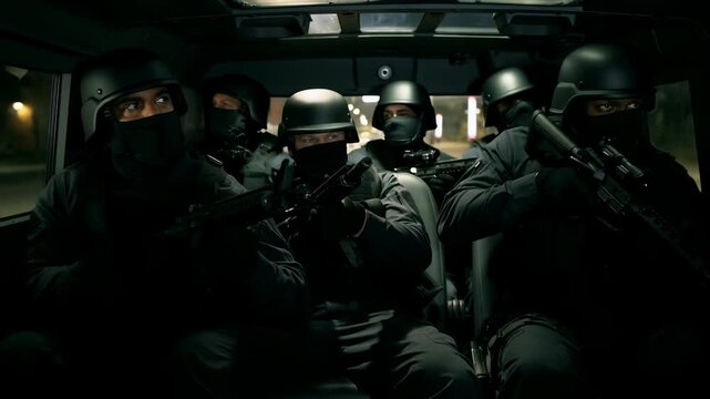 Six tactical officers seated inside armored transport with rifles held ready, faces covered by helmets and masks, shown in dark interior with tense coordinated posture