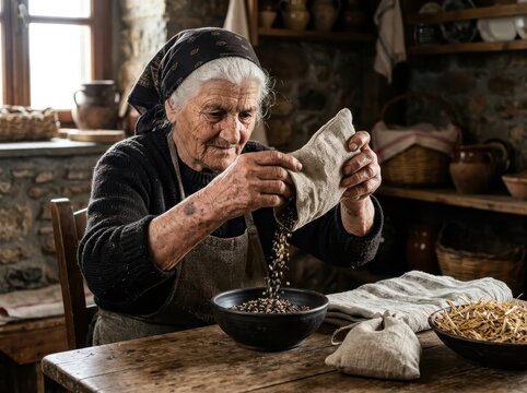 Grandmother Sorting Coffee Beans in a Rustic Kitchen