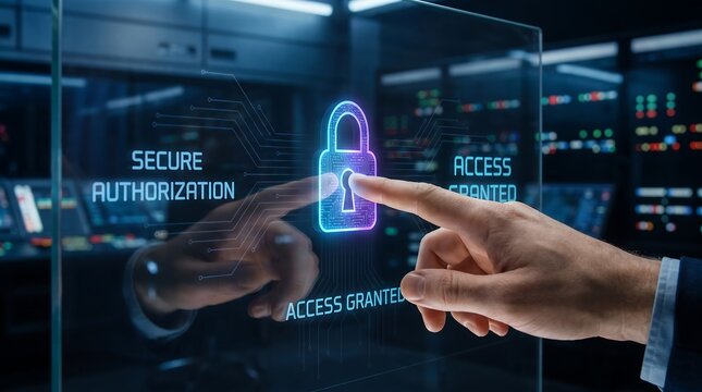 Hand touching holographic lock button on dark glass user interface. High tech digital authorization, smart lock, and cyber security access concept.