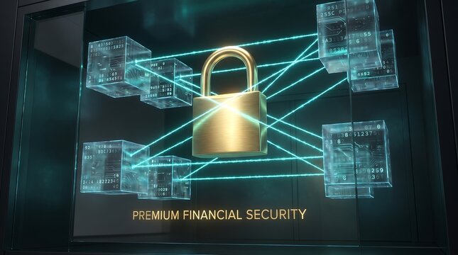 3D golden padlock with encrypted data blocks and laser security beams. Financial banking safety, digital key, and high grade cyber protection concept.
