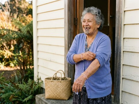 Warm outdoor portrait of an indigenous elder smiling beside her home