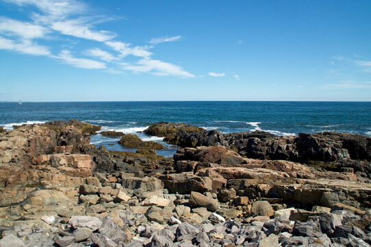 wide angle view of Rocky Coast Of Maine Looking at Atlantic Ocean