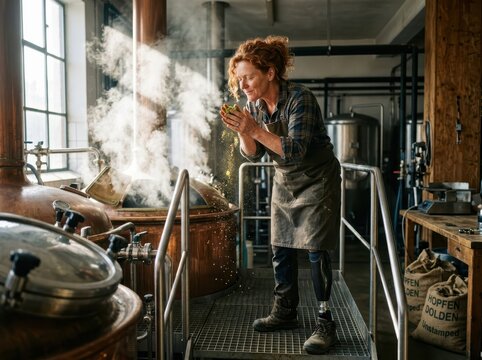 Brewer Handling Hops in a Steamy Craft Beer Brewery