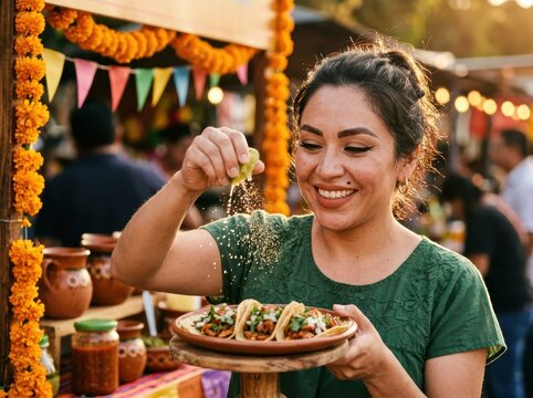 Festive street tacos served at a lively market food stall