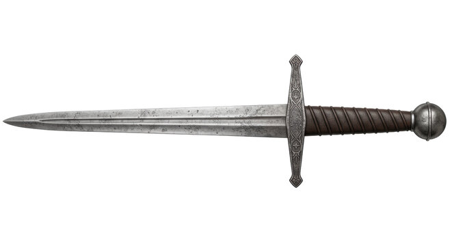 An ornate european longsword with a detailed damascus steel blade, isolated on a transparent background. Concept of historical medieval weaponry