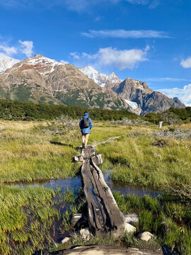 Rear view of a man walking along a Walkway towards Mt Fitz Roy (Cerro Chalten) in the Andes, Los Glaciares National Park, Patagonia, Santa Cruz, Argentina-Chile border