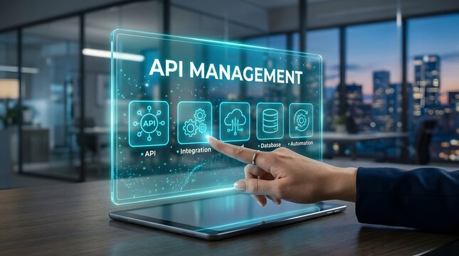Api management concept with hand interacting with a digital interface in modern office