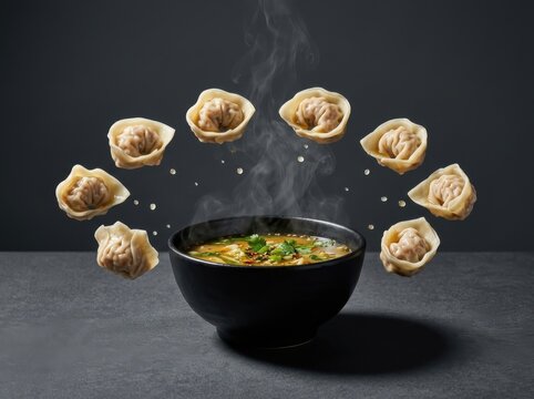 Wonton Soup Bowl with Steam and Floating Dumplings