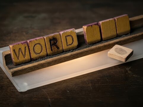Wooden letter tiles spelling word on rustic tray with copy space