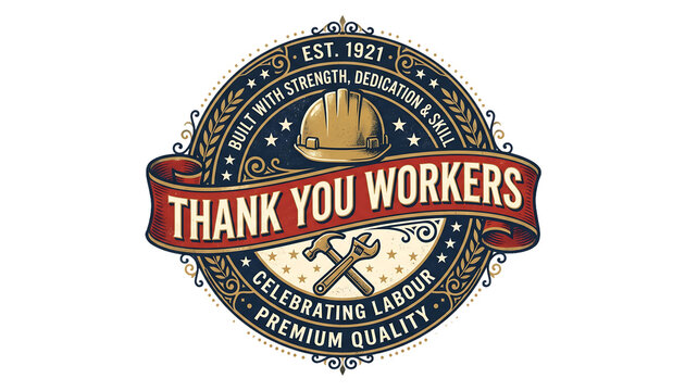 Thank You Workers vintage badge with a hard hat and tools illustration for Labor Day celebration or construction team