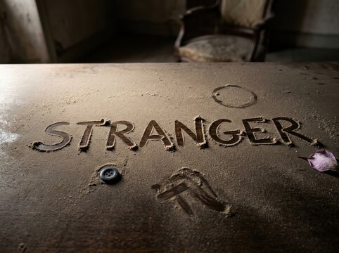 Stranger written in dust on an abandoned table
