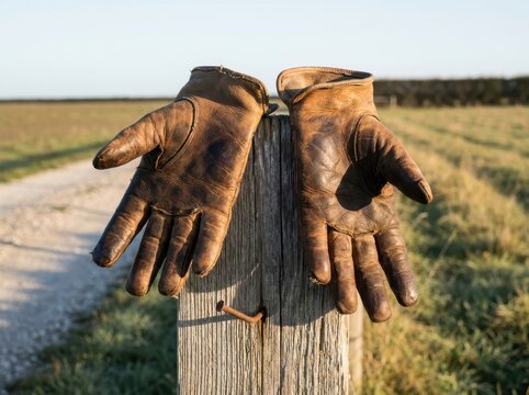 Worn leather work gloves hanging on a wooden post in rural field