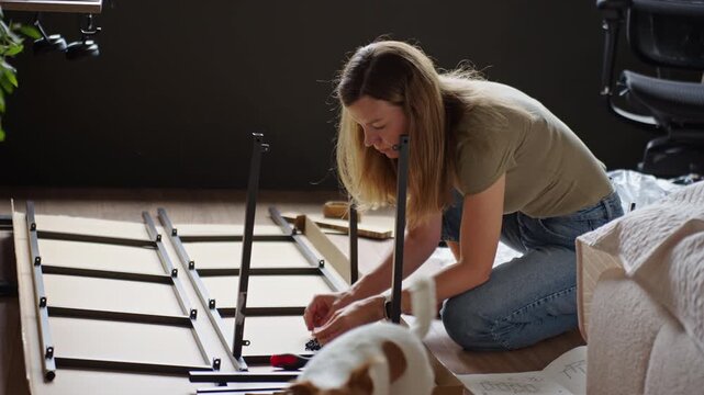 Woman assembling shelving frame on floor in home office