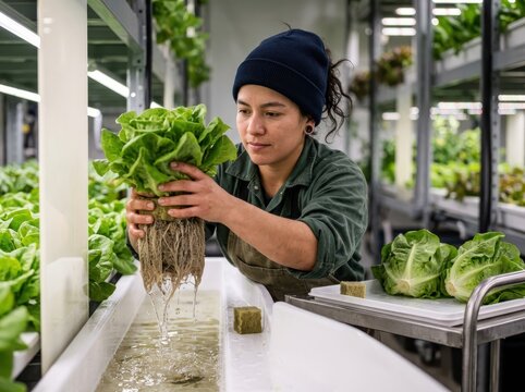 Hydroponic lettuce harvest in an indoor vertical farm