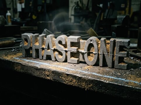 Metal phase one typography on industrial workbench with dramatic light