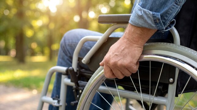 Close-up of a man's hand propelling a wheelchair wheel outdoors, symbolizing mobility and independence