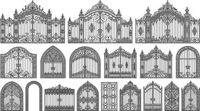 Ornamental wrought iron gates silhouette collection set decorative metal entrance doors security barrier vector illustration