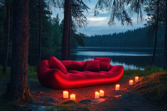 interior design of inflatable camping lounge with open red couch and candles beside a forest lake, photorealistic