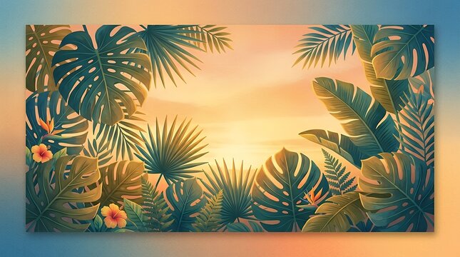 Vivid Seasonal Tropical Leaves Web Banner Concept Featuring Warm Sunset Color Palette and Subtle Texture summer banner leaves tropical foliage blue orange yellow vibrant colorful seasonal header