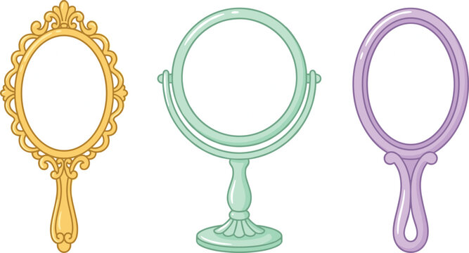 Vintage handheld vanity mirrors set with ornate frame and standing glass vector illustration graphic collection