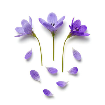 Purple and blue crocus flowers with petals falling