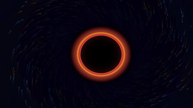 Black hole gravitational pull VFX animation with glowing accretion disk and swirling star particles against a dark space background motion graphic loop
