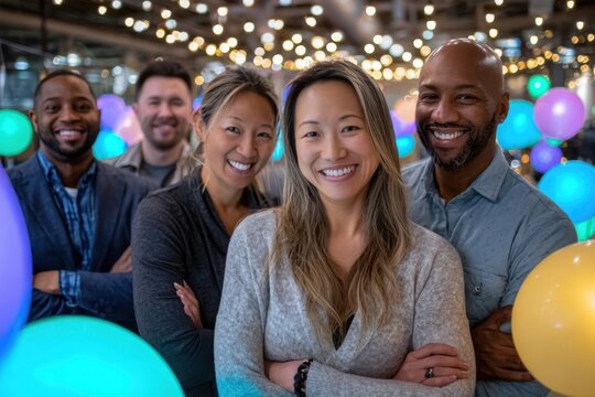 Group of friends smile together at an indoor event decorated with colorful lights