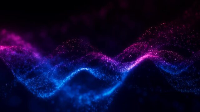 Magenta particle waves flowing across dark panoramic background with layered blue ribbons, luminous haze, fine sparkles, high contrast, futuristic digital atmosphere