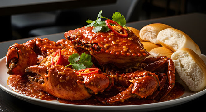 Spicy Chili Crab Feast: A succulent whole crab smothered in a rich, fiery chili sauce, garnished with fresh cilantro and sliced red chilies.