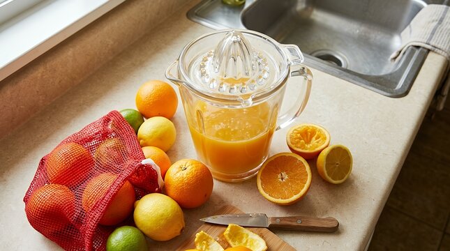 Manual Squeezer Filled with Fresh Citrus Juice Alongside Whole Fruits and Mesh Bag Kitchen Counter High Angle overhead view plastic manual juicer kitchen sink filled freshly squeezed orange juice