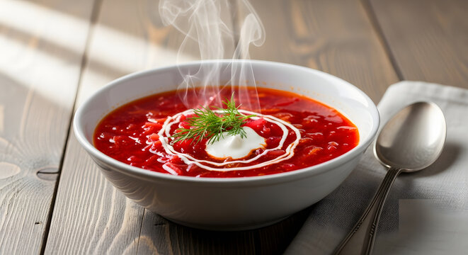 Steaming Bowl of Borscht: A vibrant and steaming bowl of traditional borscht soup, garnished with a dollop of sour cream and fresh dill, served on a rustic wooden table.