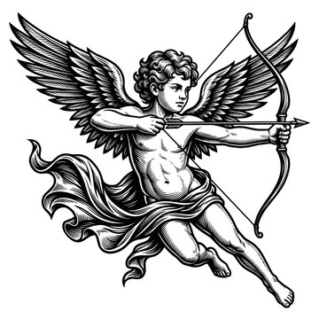 Cherubic winged figure drawing bow and arrow ancient mythology love symbol vintage engraving