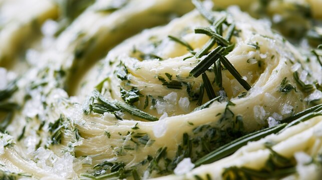 A macro close up highlighting chopped rosemary plant mixed into herb butter with visible sea salt crystals and creamy texture