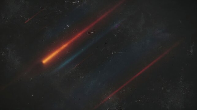 Dark cosmic background with parallel glowing red and blue light beams travelling across starry space