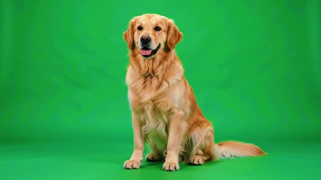 Happy Golden Retriever Dog Sitting on Green Screen Background Animation Video