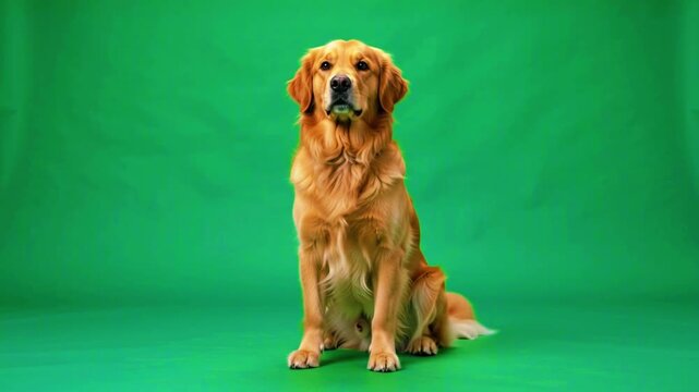 Golden Retriever Dog Sitting on Green Screen Background Animated Video