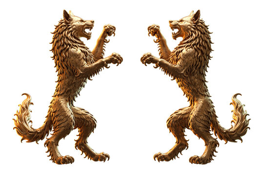 Heraldic wolves facing each other, symmetrical coat of arms design with two wolves standing rampant on hind legs, isolated on transparent background. Medieval emblem, royal heraldry design