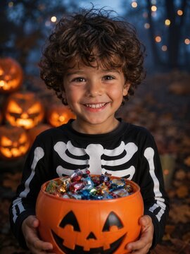 Fr&ouml;hlicher Junge im Skelettkost&uuml;m h&auml;lt einen gro&szlig;en Eimer voller Halloween-S&uuml;&szlig;igkeiten. Im Hintergrund leuchten K&uuml;rbislaternen und warme Lichter in herbstlicher Abendstimmung.