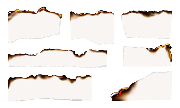 Set of burnt paper edges and scorched paper scraps with fire damage