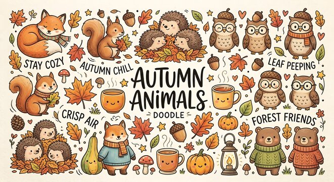 cute autumn animals doodle
