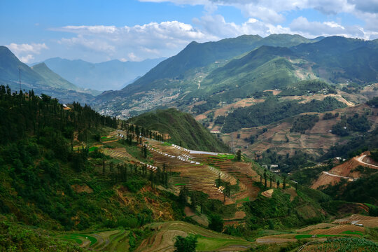 Aerial view of flooded rice terraces, Sapa, Lao Cai Province, Vietnam
