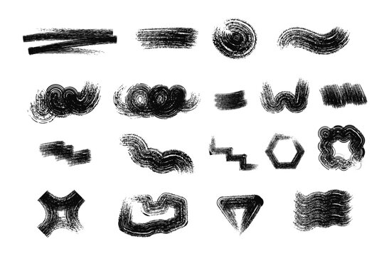 Black Hand Drawn Brush Strokes and Abstract Grunge Shape Collection on Transparent Background