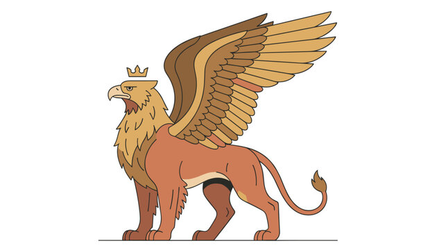 Golden majestic griffin creature standing tall with large brown wings and a royal crown on a white background.
