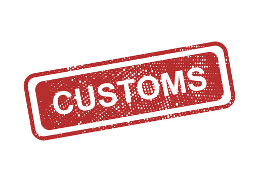 A rectangular rubber stamp with a dark red textured background, featuring the white, text customs in, a bold sans-serif, font style isolated on a transparent background