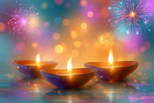 Burning Clay Diya Lamps with Fireworks for Diwali Celebration. Three traditional burning oil diya lamps in a row with vibrant blue and orange fireworks exploding in the background.