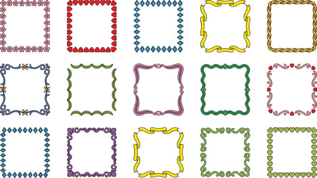 Colorful square frame collection with diverse decorative borders for creative design layouts