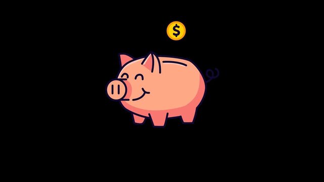 Cute pink piggy bank character with a golden coin and playful design.